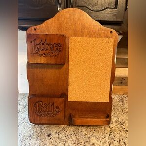 Vintage Wooden Letters and Bills Organizer with Corkboard and key hooks